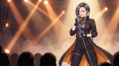 Hione on stage under amber spotlights, singing to a crowd